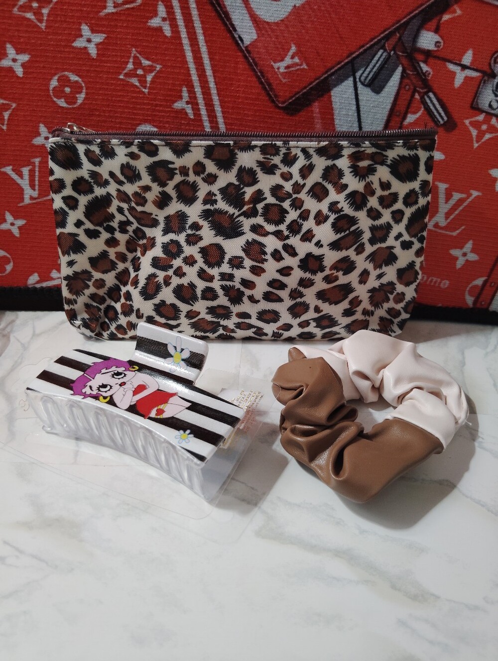 Leopard Print Cosmetic Pouch with Neutral Scrunchies & Clips